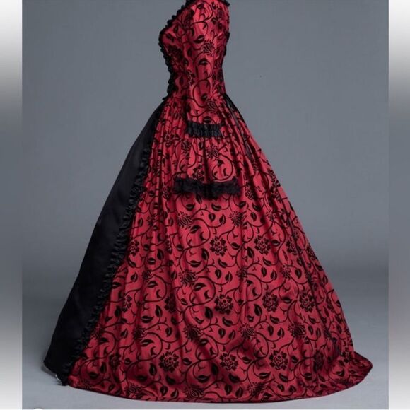 Victorian Dress Red Bow Floral Print Square Neckline Long Sleeves Matte - Picture 2 of 16